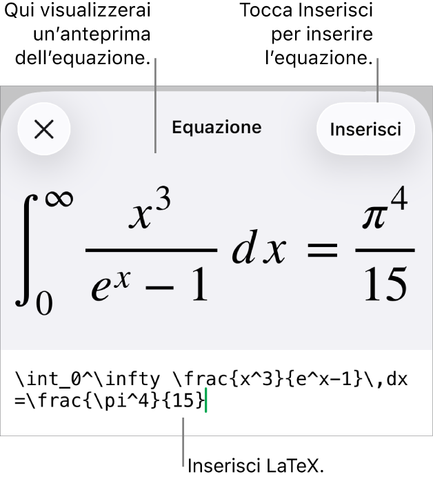 La finestra di dialogo Equazione che mostra l’equazione scritta tramite comandi LaTeX e un’anteprima della formula di cui sopra.