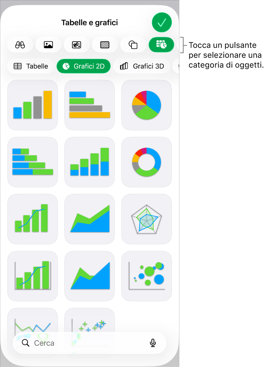 Controlli per l’aggiunta di un oggetto, con i pulsanti nella parte superiore per scegliere tabelle, grafici, forme (comprese linee e caselle di testo) e file multimediali.