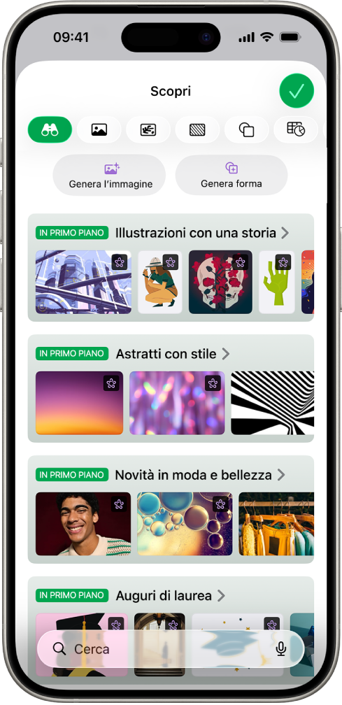 La categoria Scopri di Hub contenuti con le opzioni per generare un’immagine o aggiungere immagini premium a un foglio di calcolo.