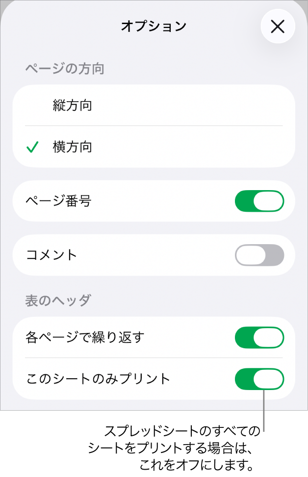 ページの向き、ページ番号とヘッダの表示、用紙サイズ、およびプリントするページの選択のためのプリントオプション。