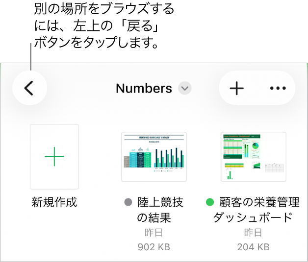 書類マネージャのブラウズビュー。左上隅に「戻る」ボタン、その下に検索フィールドがあります。検索フィールドの下、既存のスプレッドシートのサムネールの横に「新規作成」ボタンがあります。右上隅には「追加」ボタンと「詳細」ボタンがあります。