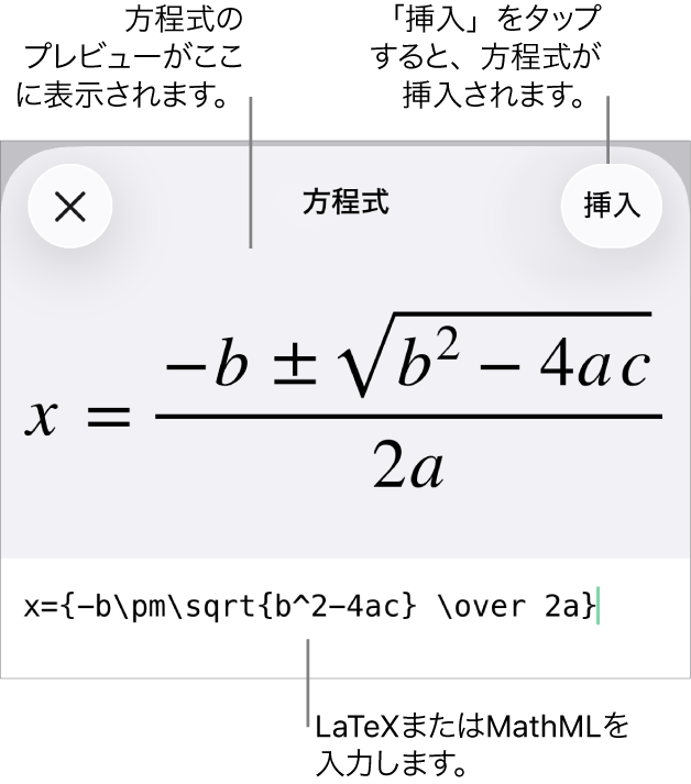 「方程式」ダイアログ。MathMLコマンドを使用して書き込まれた方程式が表示され、その上に公式のプレビューが表示されています。