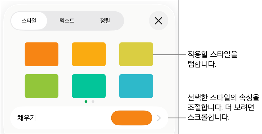 상단에는 대상체 스타일이 있고 그 아래에는 채우기를 변경하는 제어기가 있는 포맷 메뉴의 스타일 탭.