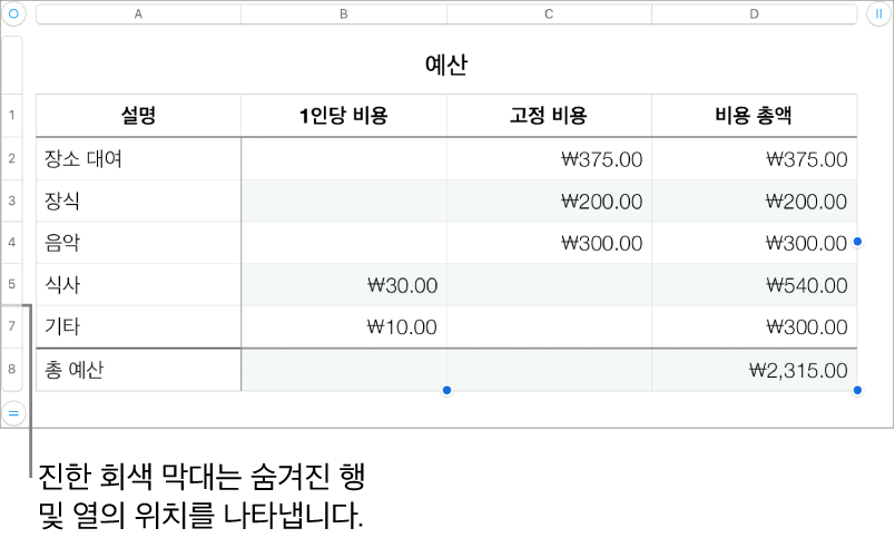 숨겨진 행 및 열의 위치를 나타내는 굵은 회색 막대