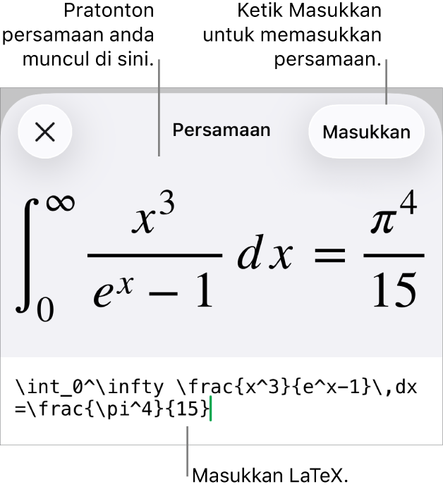 Dialog Persamaan, menunjukkan persamaan yang ditulis menggunakan perintah LaTex manakala pratonton formulanya di atas.