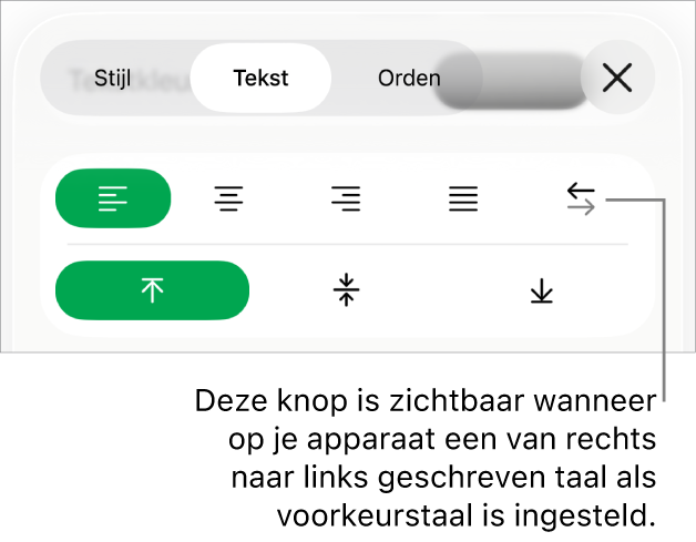 Het gedeelte 'Stijl' van het opmaakmenu met uitleg bij de knop voor rechts naar links.
