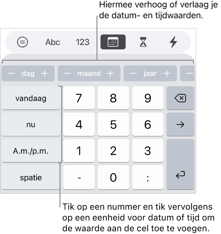 Het datum-en-tijdtoetsenbord. Op de rij knoppen bovenaan zie je tijdseenheden (dag, maand en jaar) die je stapsgewijs kunt verhogen of verlagen om de waarde in de cel te wijzigen. Links staan de toetsen 'vandaag', 'nu' en 'A.m./p.m.' en in het midden van het toetsenbord staan cijfertoetsen.
