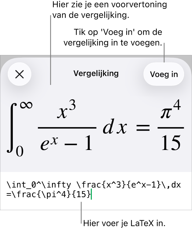 Het venster 'Vergelijking' met daarin een vergelijking die geschreven is met LaTeX-commando's en erboven een voorvertoning van de formule.