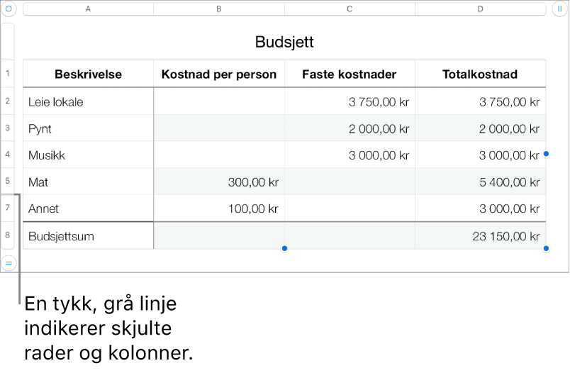 En tykk grå linje viser hvor rader og kolonner er skjult.