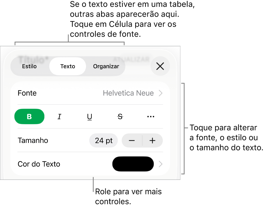 Controles de texto no menu Formatar para definir estilo, fonte, tamanho e cor de caractere e parágrafo.