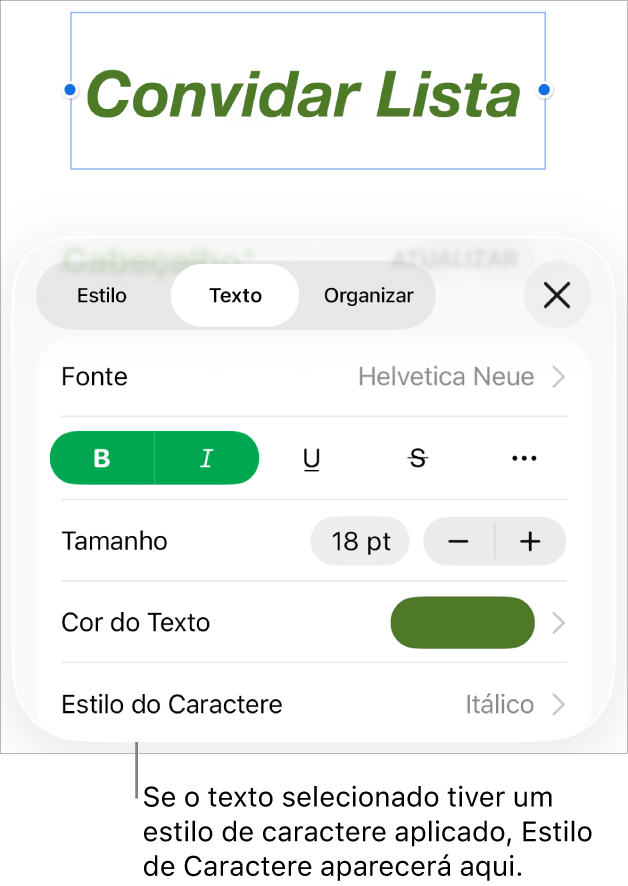 Os controles de formatação de texto com “Estilo de Caractere” abaixo dos controles de cor. O estilo de caractere Nenhum aparece com um asterisco.