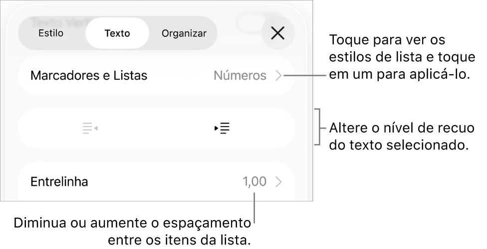 Seção “Marcadores e Listas” dos controles de Formatação, com chamadas para “Marcadores e Listas”, botões para aumentar ou diminuir o recuo e controles de entrelinha.