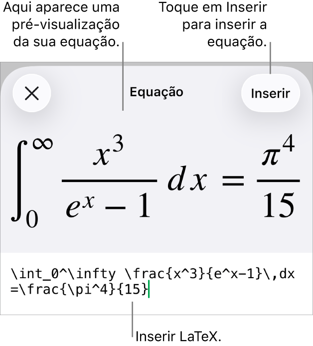 O diálogo de Equação, mostrando uma equação escrita com comandos LaTeX e uma pré-visualização da fórmula acima.