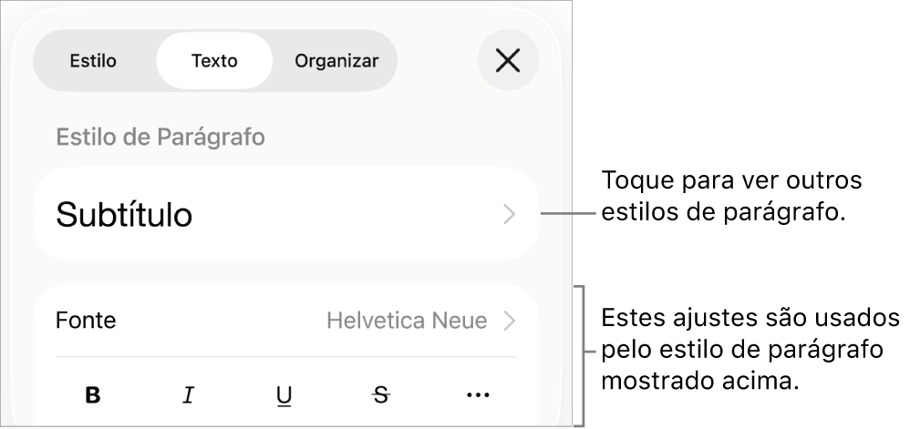 O menu Formatar, mostrando controles de texto para definir estilo, fonte, tamanho e cor de caractere e parágrafo.