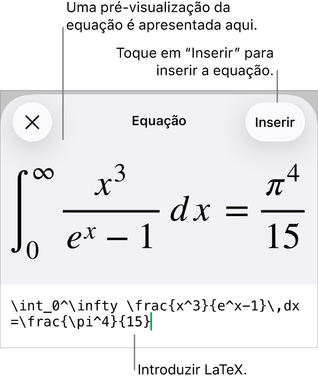 A caixa de diálogo “Equação”, apresentando uma equação escrita com recurso aos comandos LaTeX e uma pré-visualização da fórmula em cima.