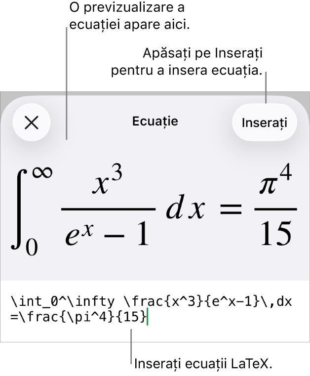 Caseta de dialog Ecuație, afișând o ecuație scrisă cu ajutorul comenzilor LaTex și, deasupra, o previzualizare a formulei.