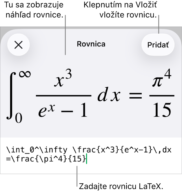 Dialógové okno Rovnica zobrazujúce rovnicu napísanú pomocou príkazov LaTex, vyššie sa nachádza náhľad vzorca.