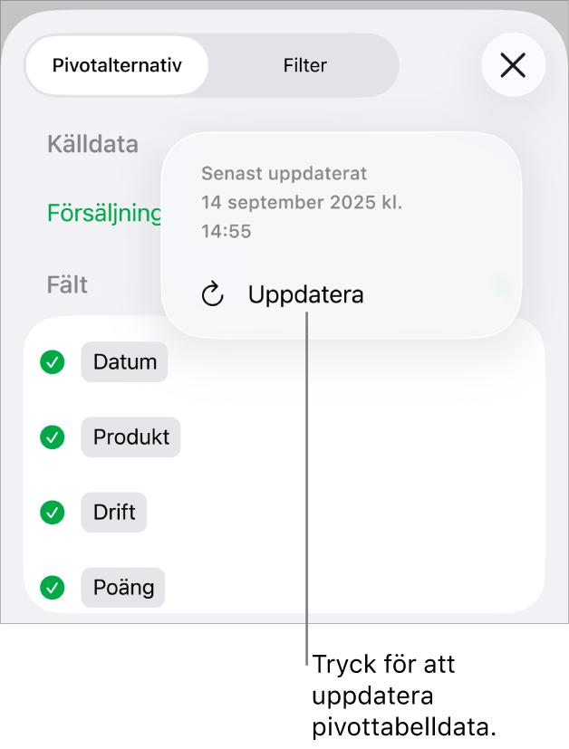 Menyn Pivotalternativ visar alternativet att uppdatera pivottabellen.