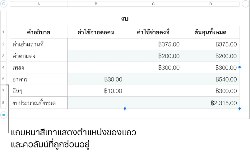 แถบหนาสีเทาที่แสดงตำแหน่งของแถวและคอลัมน์ที่ถูกซ่อนอยู่