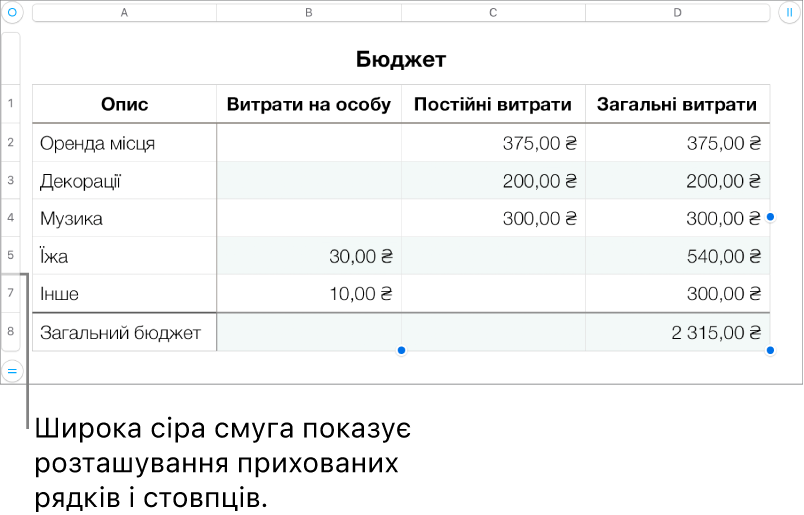 Широка сіра смуга, що показує розташування прихованих рядків і стовпців