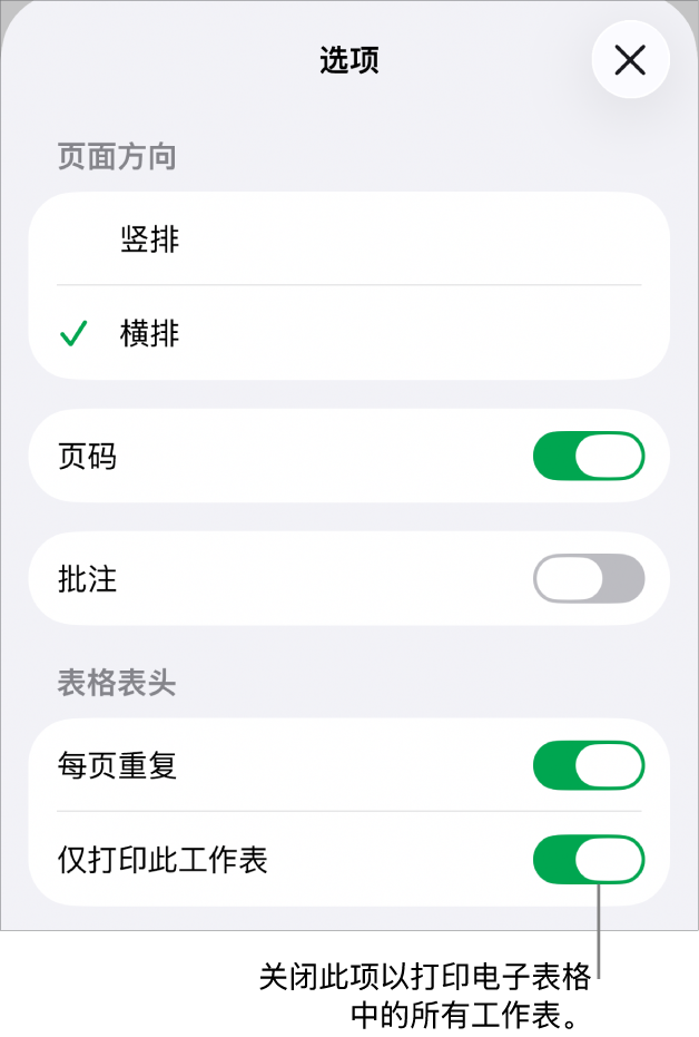 打印选项，用于选取页面方向、显示页码和页眉以及选取纸张大小和要打印的页面。
