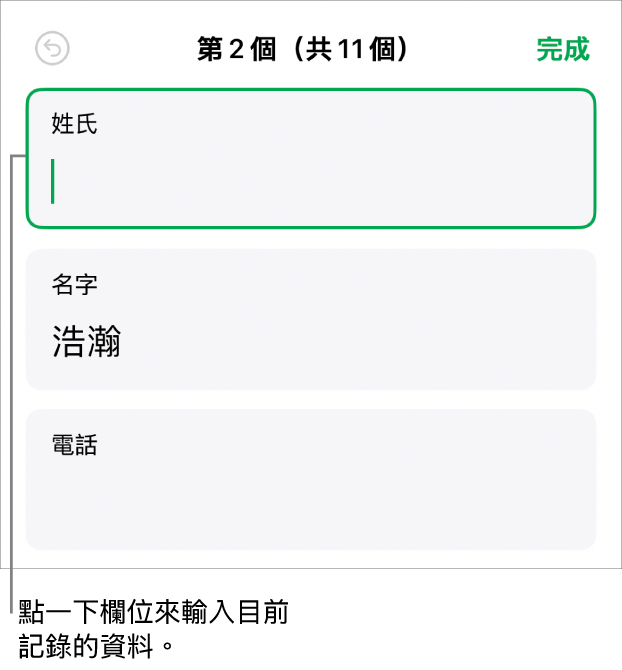 表單中的記錄顯示包含插入點的使用中欄位。
