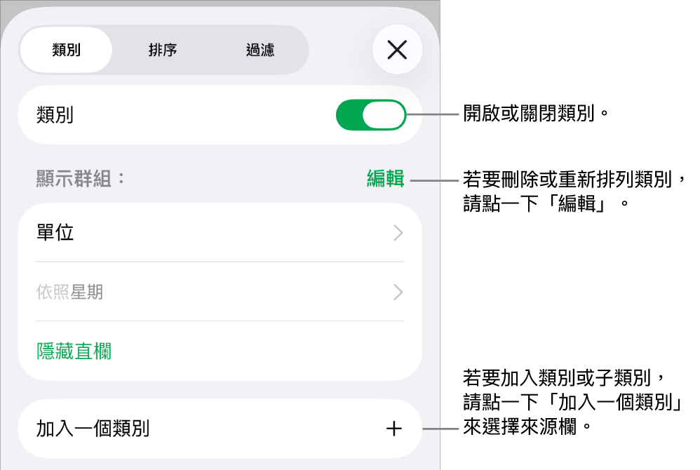 iPhone 版的「類別」選單包含以下選項:關閉類別、刪除類別、重新分類資料、隱藏來源欄和加入類別。