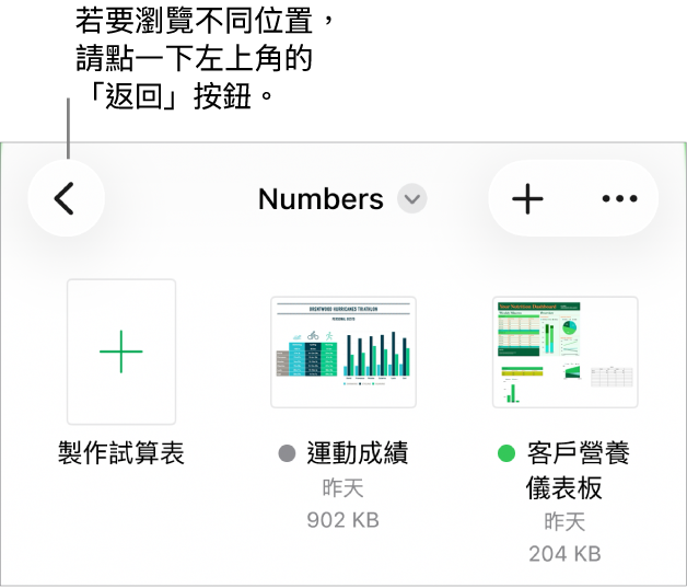 文件管理器的瀏覽顯示方式,左上角是「返回」按鈕,下面是「搜尋」欄位。「搜尋」欄位下方為「製作試算表」按鈕,旁邊為現有試算表的縮覽圖。右上角為「加入」按鈕和「更多」按鈕。