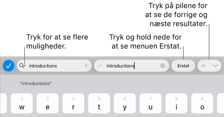 Betjeningsmulighederne til Find & erstat over tastaturet med billedforklaringer til knapperne Søgeindstillinger, Erstat, Gå op og Gå ned.