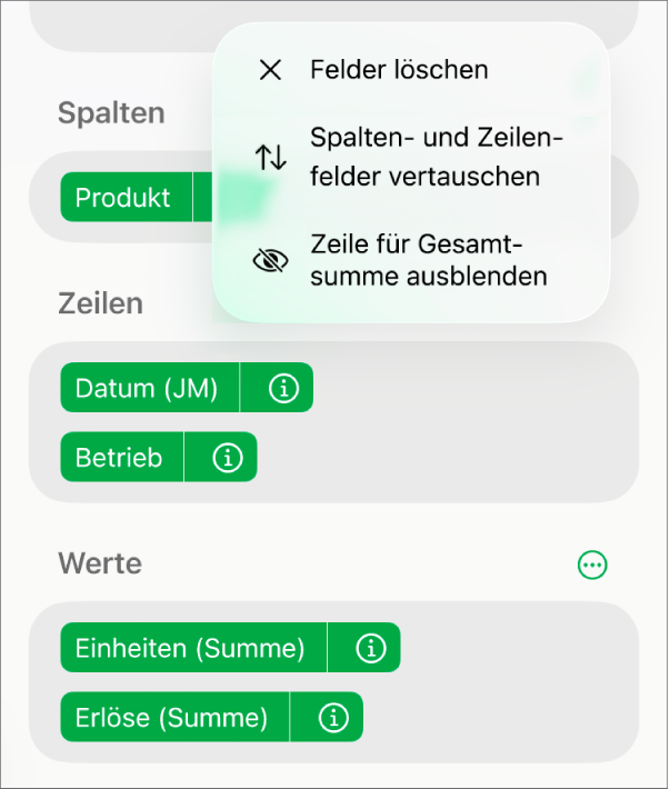 Das Menü „Feldoptionen“ mit Steuerelementen zum Ausblenden der Gesamtsummen, zum Vertauschen der Spalten- und Zeilenfelder und zum Löschen von Feldern.
