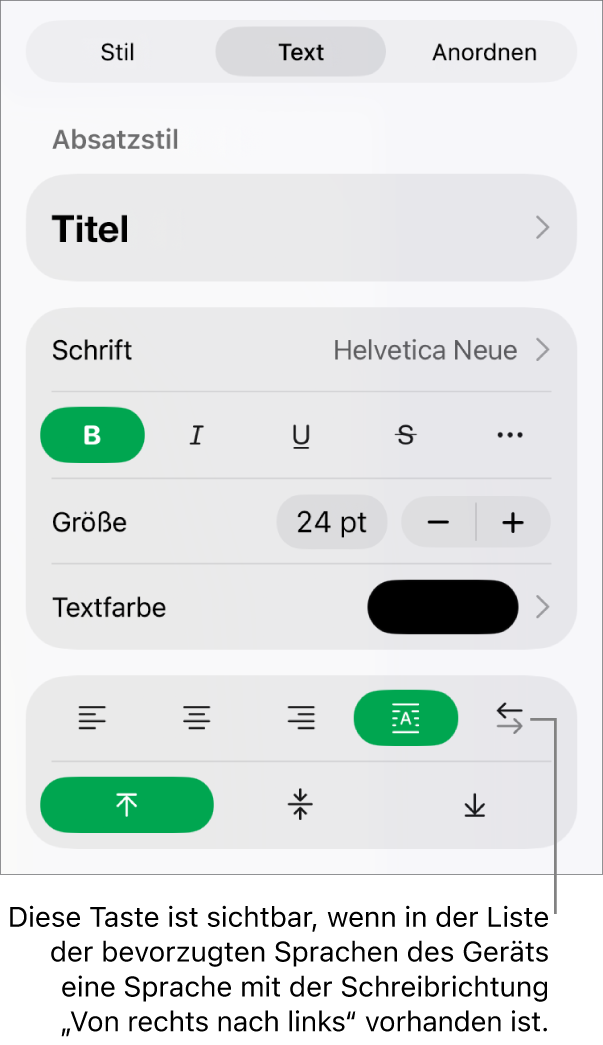Der Abschnitt „Stil“ des Menüs „Format“ mit einer Beschreibung der Taste „Von rechts nach links“