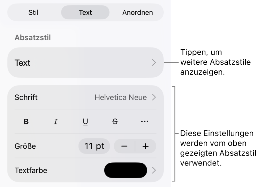 Das Menü „Format“ mit Textsteuerelementen zum Festlegen von Absatz- und Zeichenstilen, Schrift, Größe und Farbe