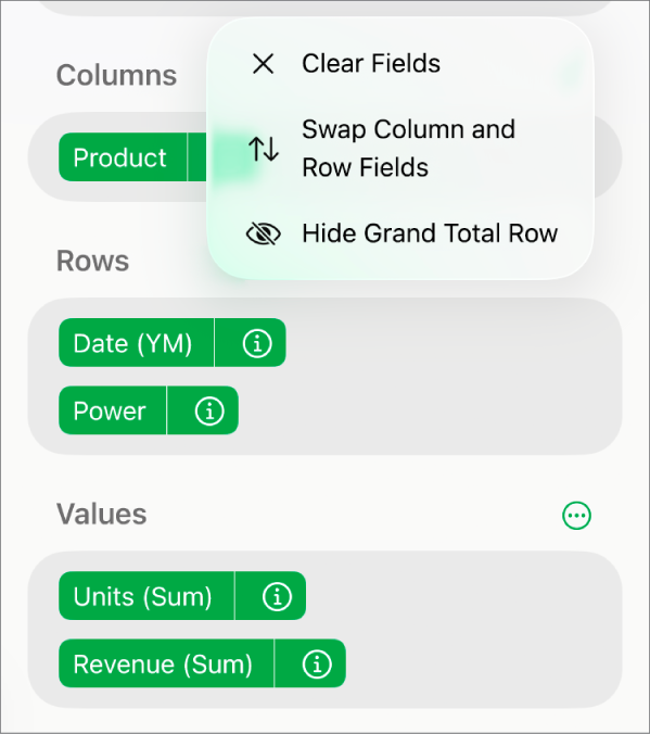 The More Field Options menu, showing the controls to hide grand totals, swap column and row fields and clear fields.