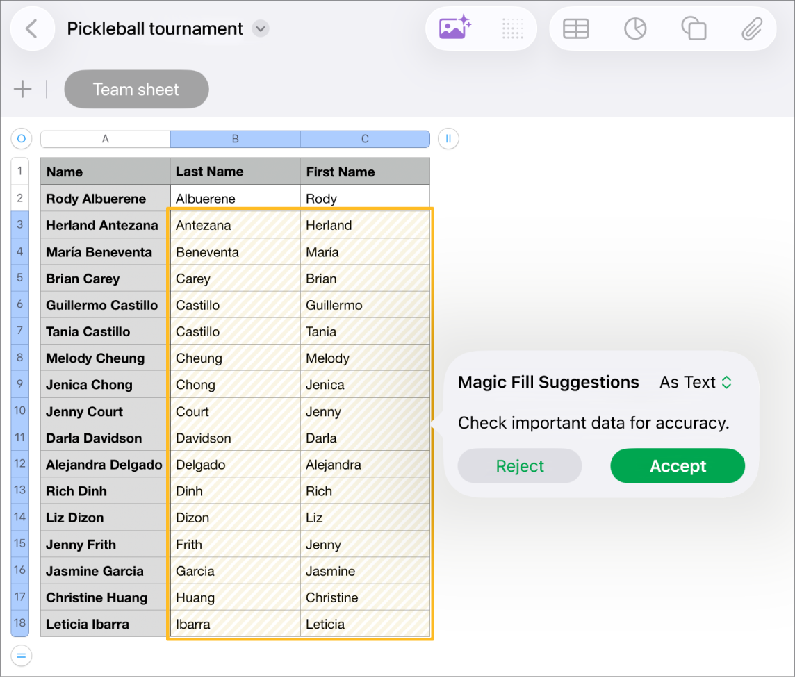 A spreadsheet with highlighted names and a Magic Fill Suggestions pop-up menu to accept or reject them.