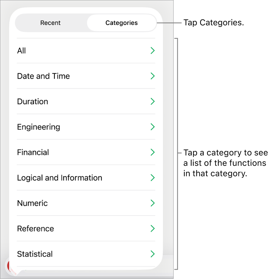 The Functions Browser with the Categories button selected and the list of categories below.