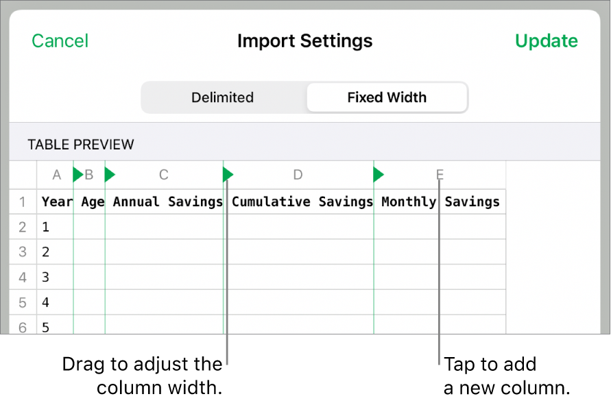 The import settings for a fixed-width text file.