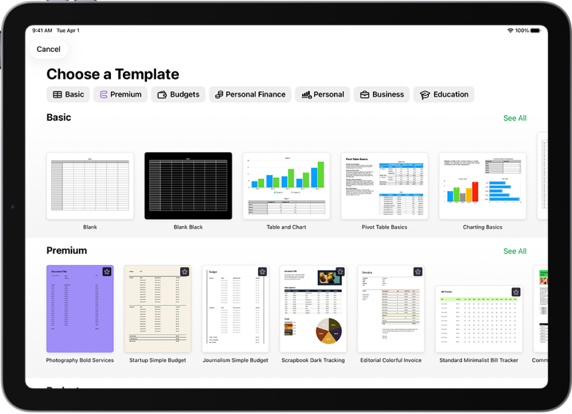 The template chooser, showing a row of categories across the top that you can tap to filter the options. Below are thumbnails of predesigned templates arranged in rows by category, starting with Recents at the top and followed by Basic and Personal Finance. A See All button appears above and to the right of each category row. The Language and Region button is in the top-right corner.