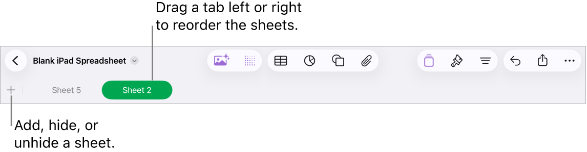 The tab bar for adding a new sheet, navigating, reordering, and reorganizing sheets.