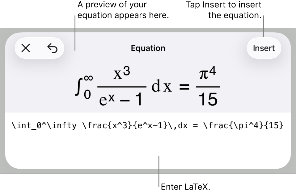 The Equation dialog, showing an equation written using LaTex commands, and a preview of the formula above.