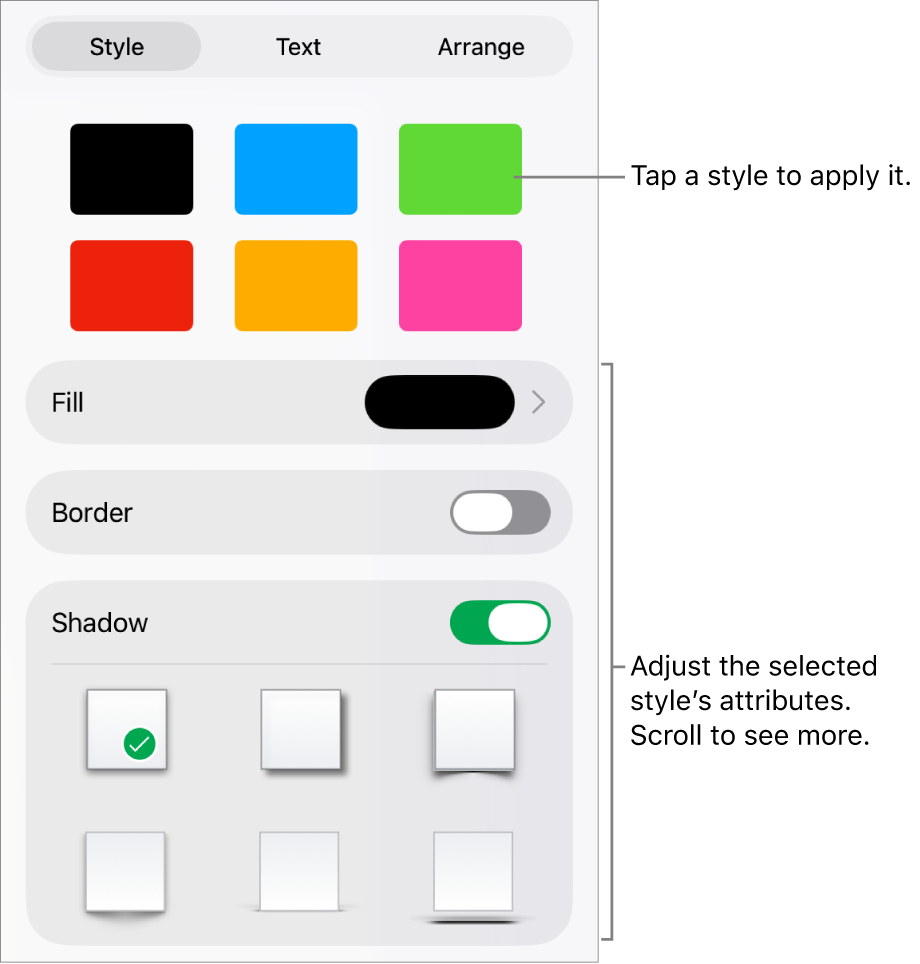 The Style tab of the Format menu, with object styles at the top and controls below them to change the fill, border, and shadow.