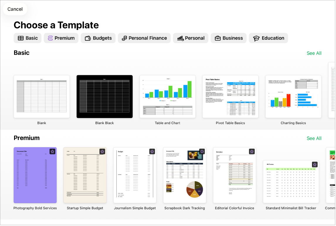 The template chooser, showing a row of categories across the top that you can tap to filter the options. Below are thumbnails of predesigned templates arranged in rows by category.