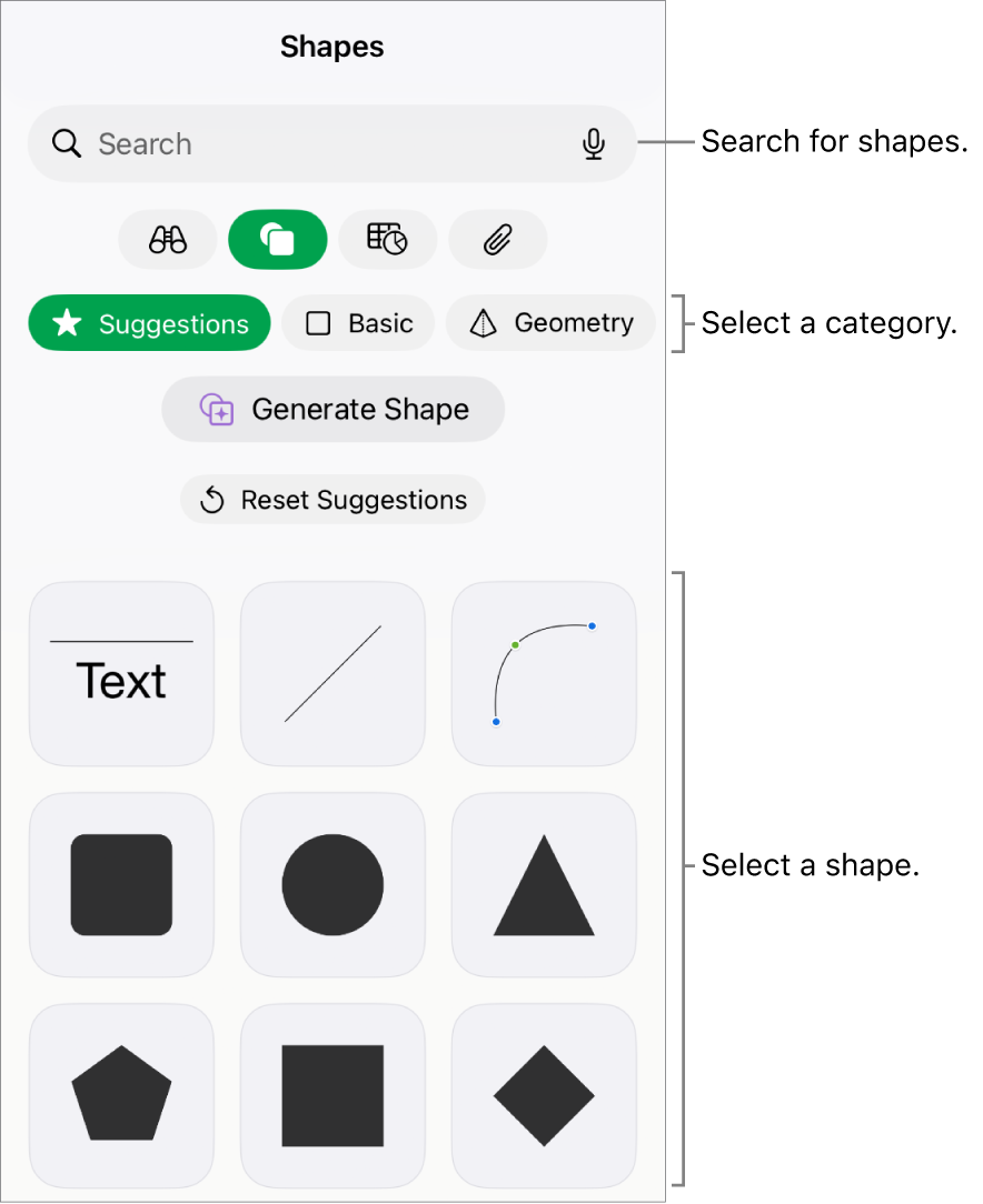 The shapes library, with categories at the top and shapes displayed below. You can use the search field at the top to find shapes and swipe to see more.