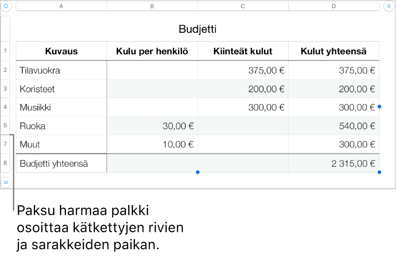 Paksu harmaa palkki, joka osoittaa kätkettyjen rivien ja sarakkeiden sijainnin.