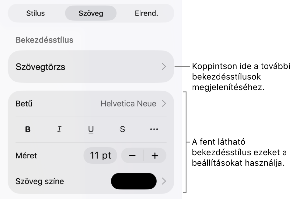 A Formátum menü a bekezdés és a karakterek stílusának, betűtípusának, méretének és színének beállítására szolgáló vezérlőkkel.