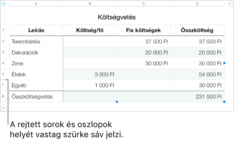 Rejtett sorok és oszlopok helyét jelző vastag szürke sáv
