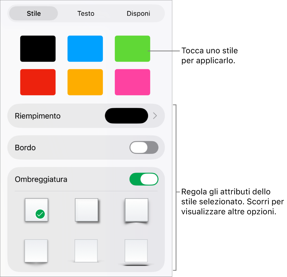 Pannello Stile del menu Formato con gli stili dell’oggetto in alto e un controllo sottostante per cambiare riempimento, bordo e ombra.