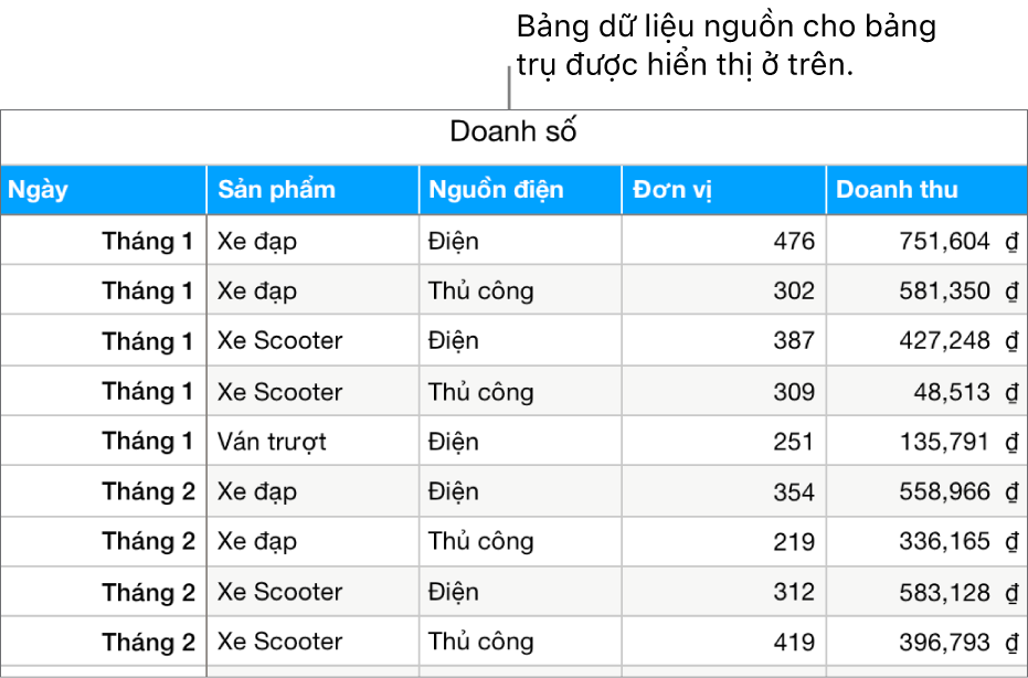 Bảng chứa dữ liệu nguồn, đang hiển thị đơn vị doanh số đã bán và doanh thu đối với xe đạp, scooter và ván trượt, theo tháng và loại sản phẩm (cơ hoặc điện).
