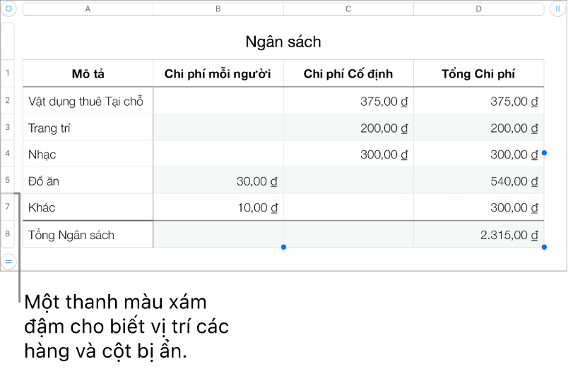 Một thanh màu xám đậm cho biết vị trí của các hàng và cột bị ẩn