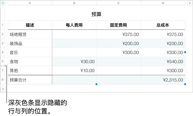 深灰色条显示隐藏的行与列的位置