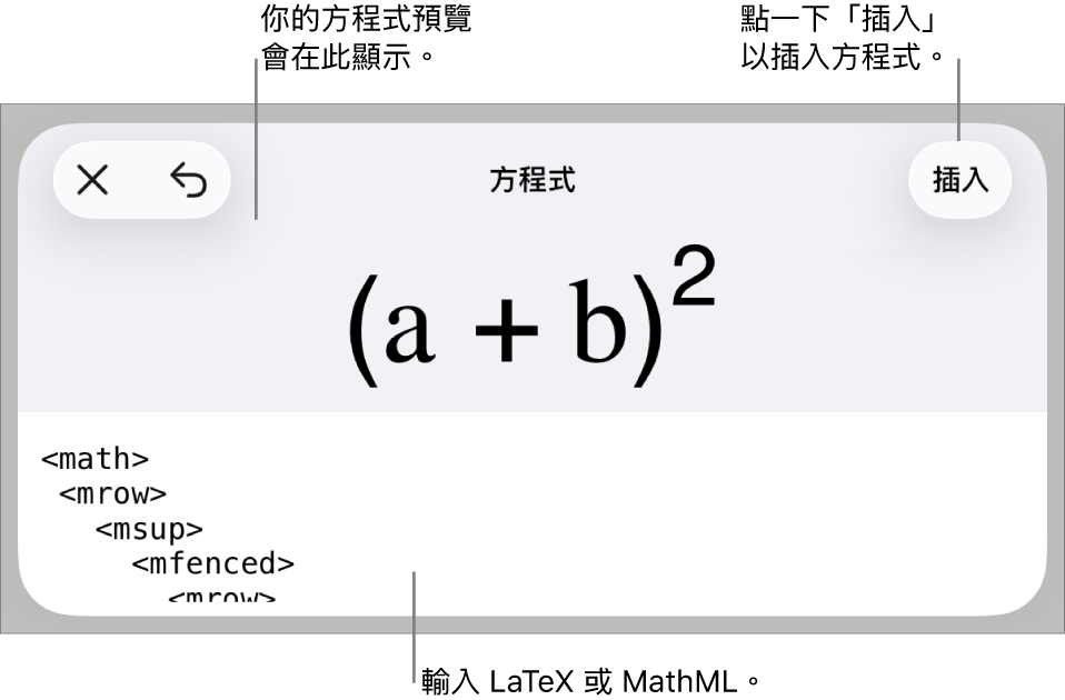 「方程式」對話框，顯示使用 MathML 指令寫入的方程式，上方是公式的預覽。